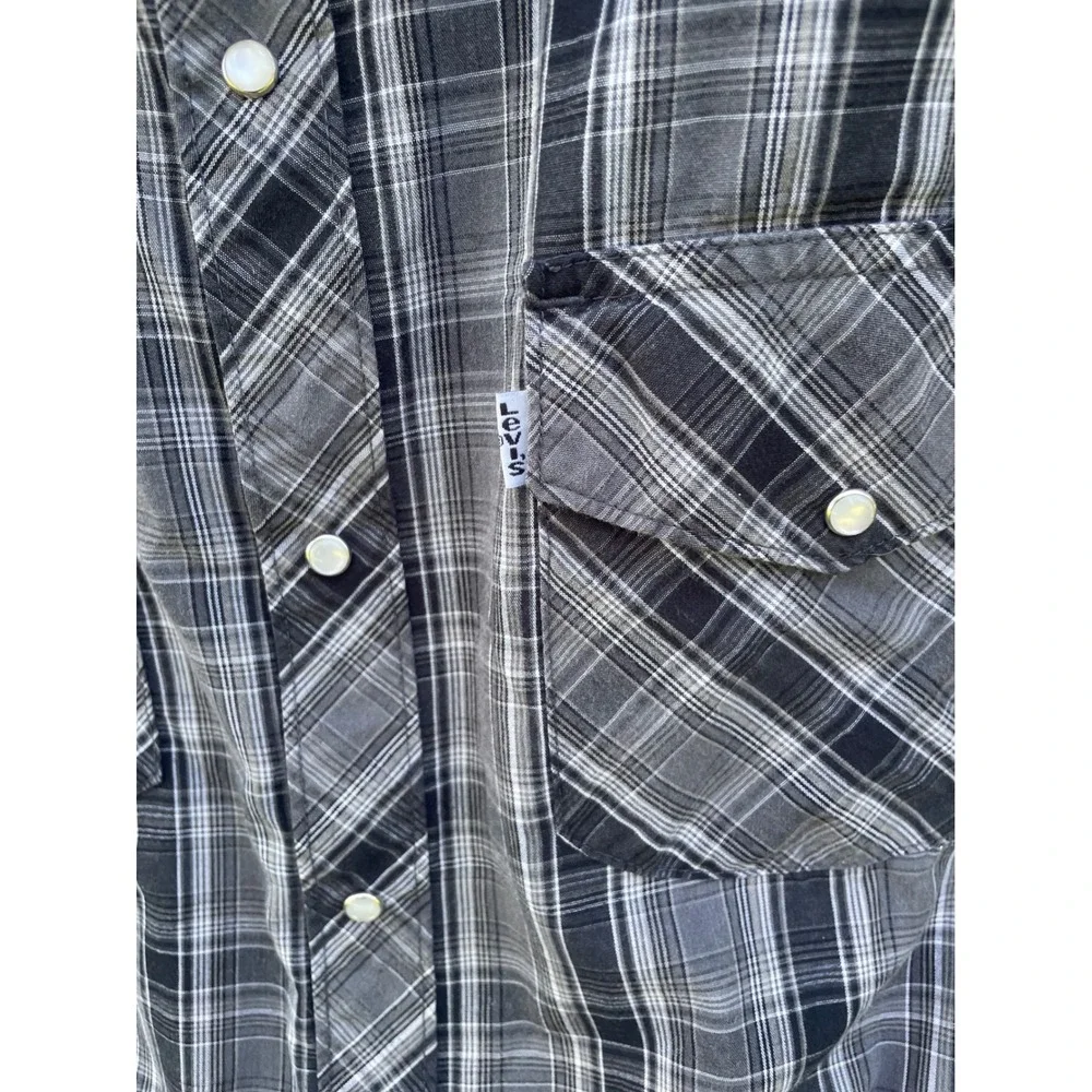 Levis Mens Western Pearl Snap Plaid Shirt Black Grey Regular Fit L 3LMLW0073